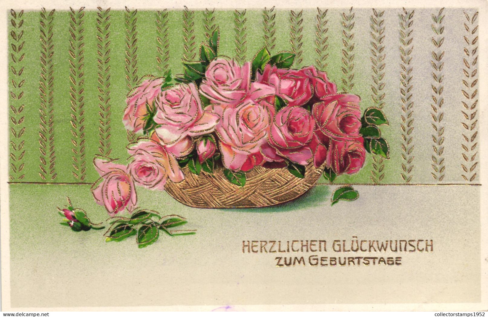 BIRTHDAY, FLOWERS, ROSES IN BASKET, SWITZERLAND, EMBOSSED POSTCARD - Anniversaire