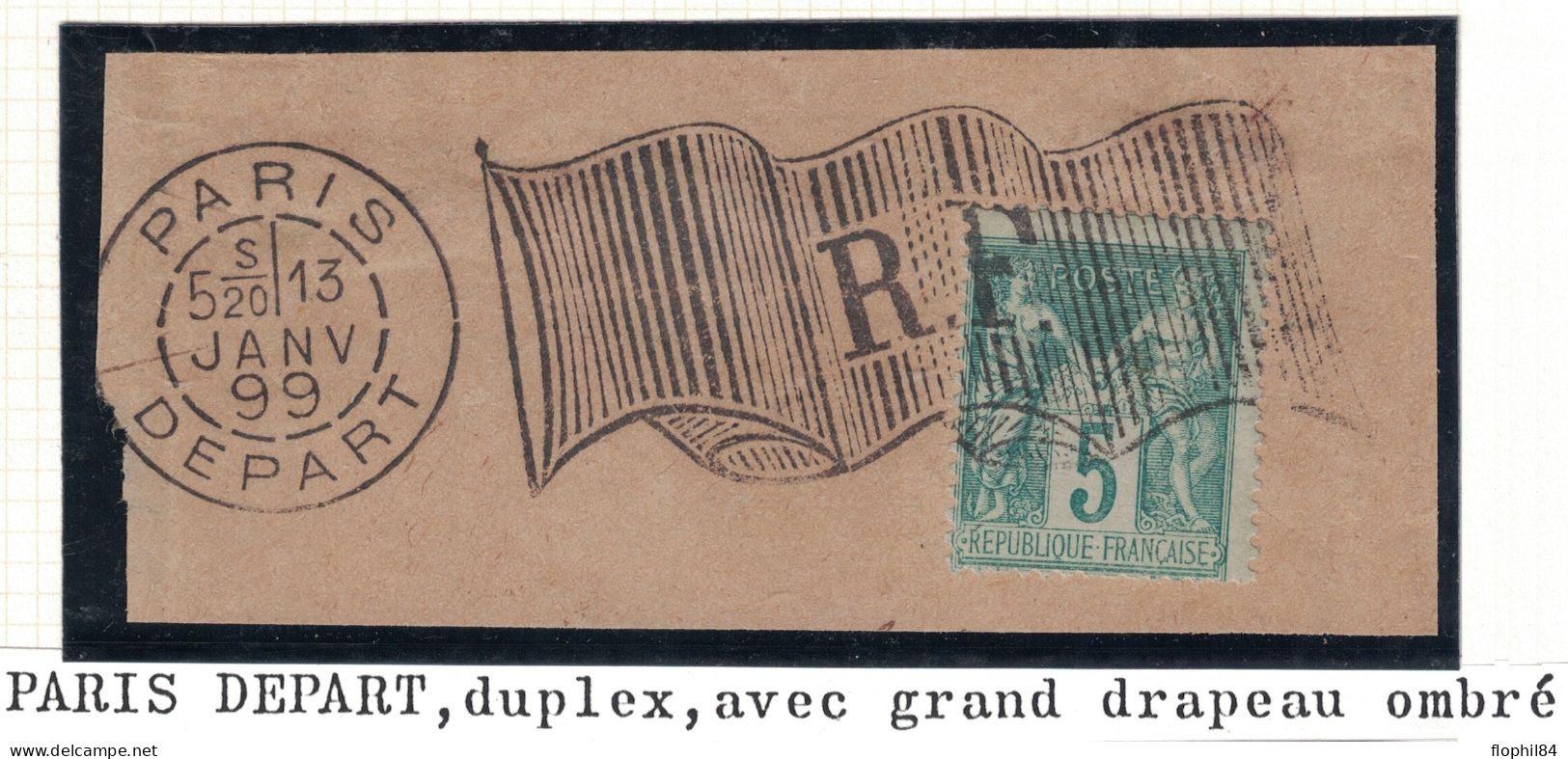 SAGE - DRAPEAU - PARIS DEPART GRAND DRAPEAU OMBRE- 15-1-1899 - FRAGMENT DE LETTRE. - 1876-1898 Sage (Type II)