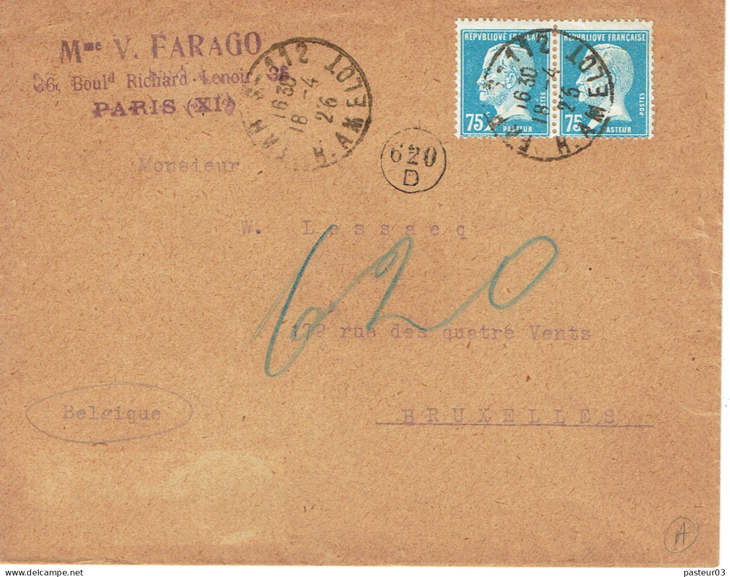 Tarifs Postaux Etranger Du 01-02-1926 (32) Pasteur N° 177 75 C. X 2 Papiers Affaires 70 G. 18-04-1926 - 1922-26 Pasteur
