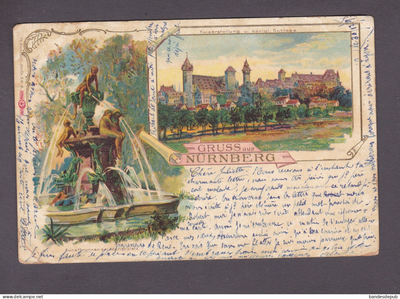 AK Gruss Aus Nürnberg Kaiserstallung U. Königl. Schloss Kunstbrunnen  (cheomo Lithographie 3843) - Nuernberg