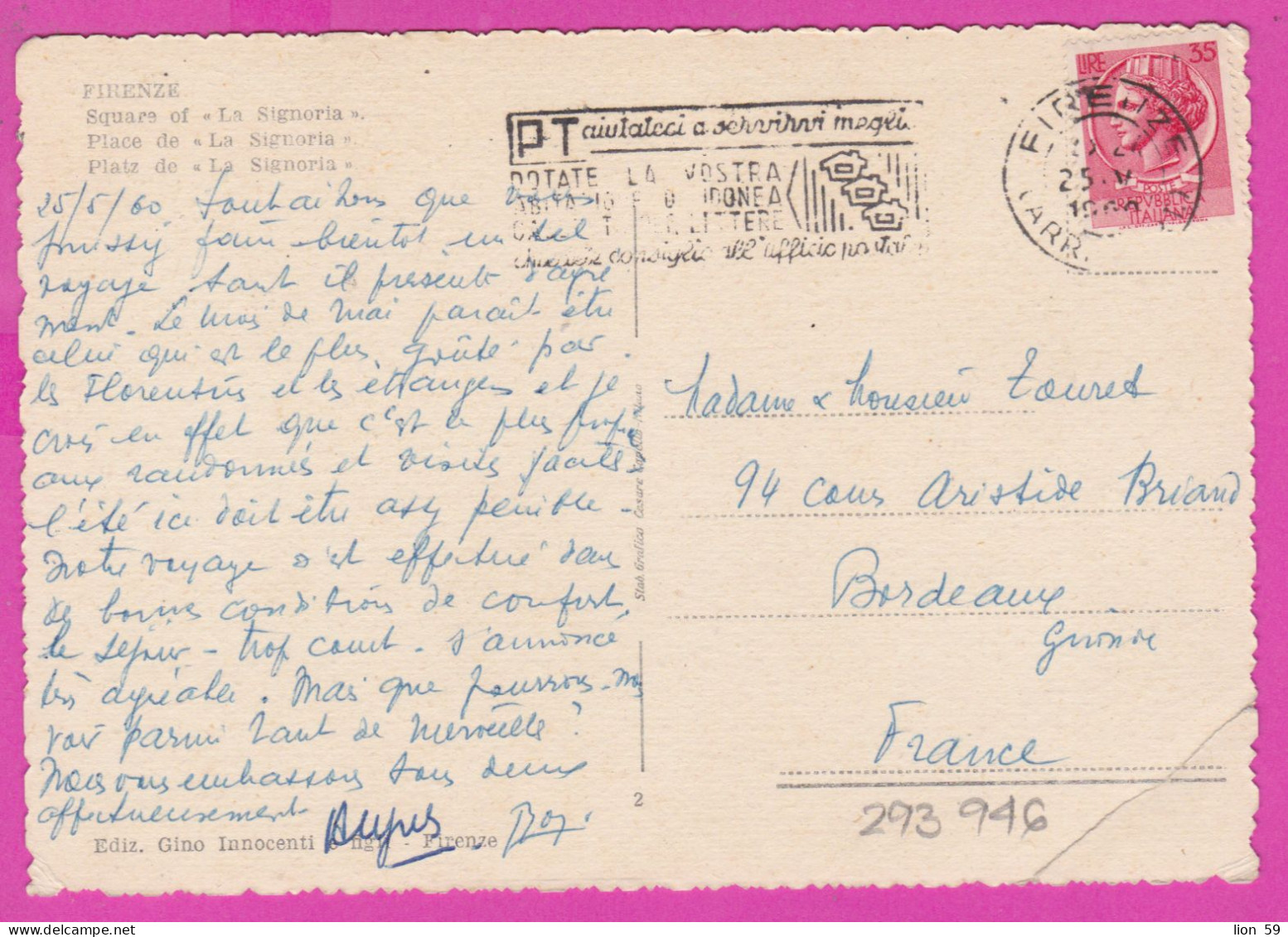 293946 / Italy - FIRENZE Square Of "La Signoria"  PC 1960 USED - 35 L Coin Of Syracuse Flamme.. Cassetta Per Lettere - 1946-60: Storia Postale