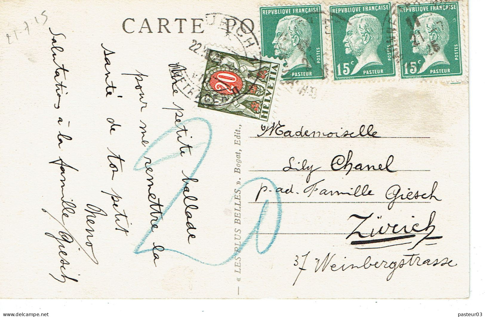 Tarifs Postaux Etranger Du 16-07-1925 (38) Pasteur N° 172 15 C. X 3 +  Taxe Suisse 30 C. Carte Postale Etranger 16-07-19 - 1922-26 Pasteur