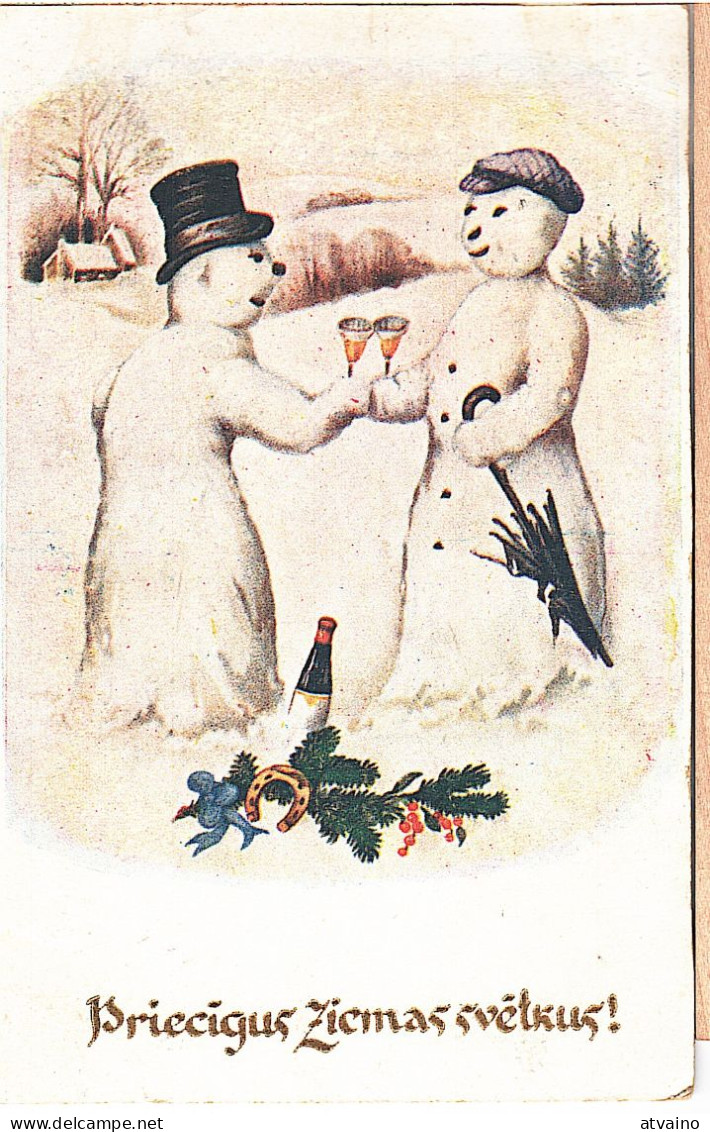Snowman With Girlfriend ... Christmas-Vintage-Latvian-1920s-postcard - Otros & Sin Clasificación