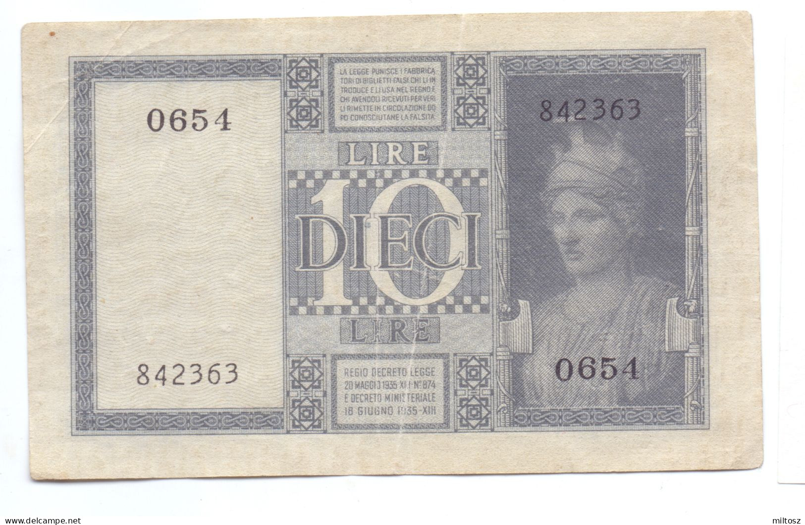 Italy 10 Lire 1939 - Italië – 10 Lire