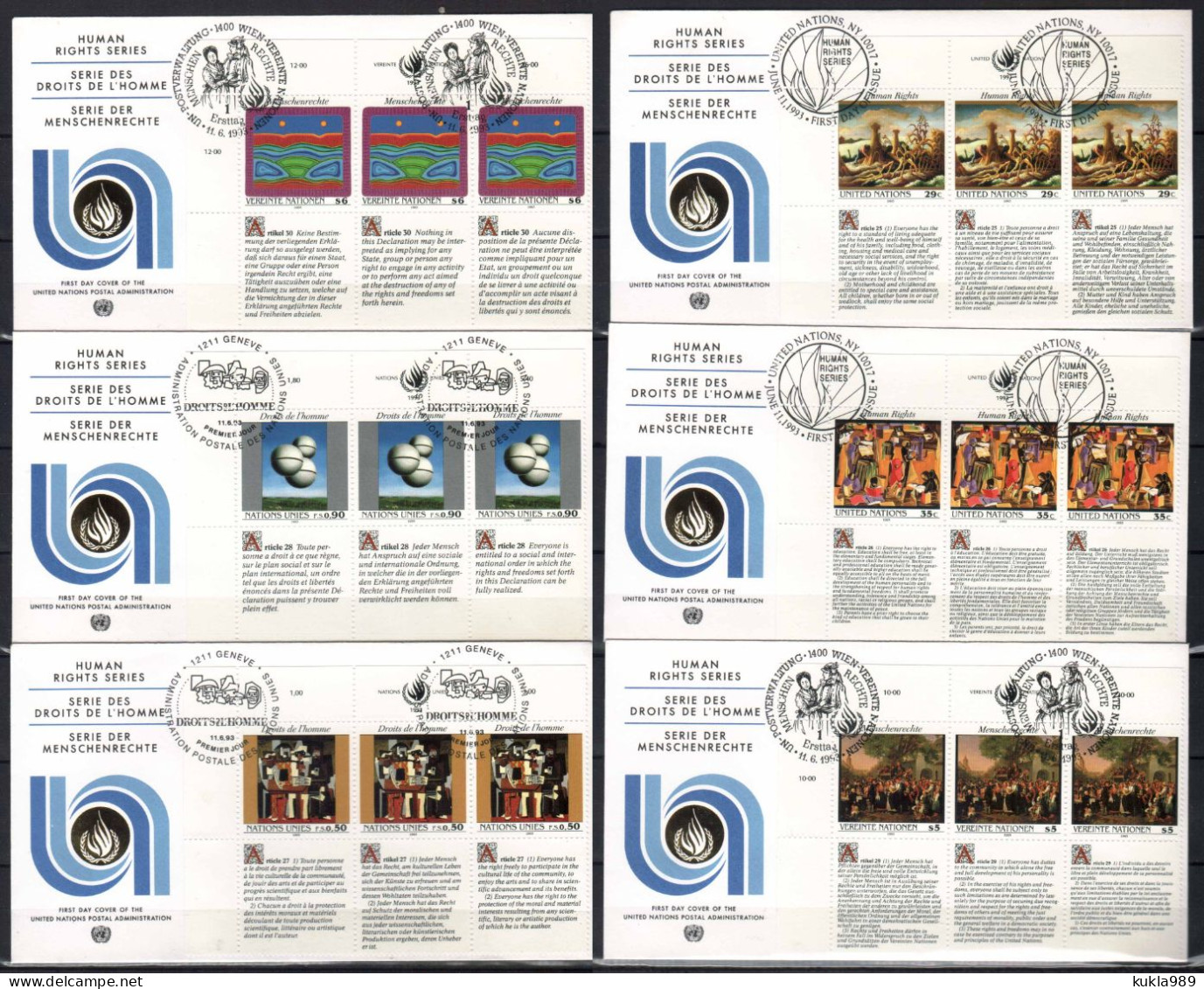 UNITED NATIONS STAMPS. HUMAN RIGHT SERIES  6 FD COVERS, 1993 - Collections, Lots & Séries