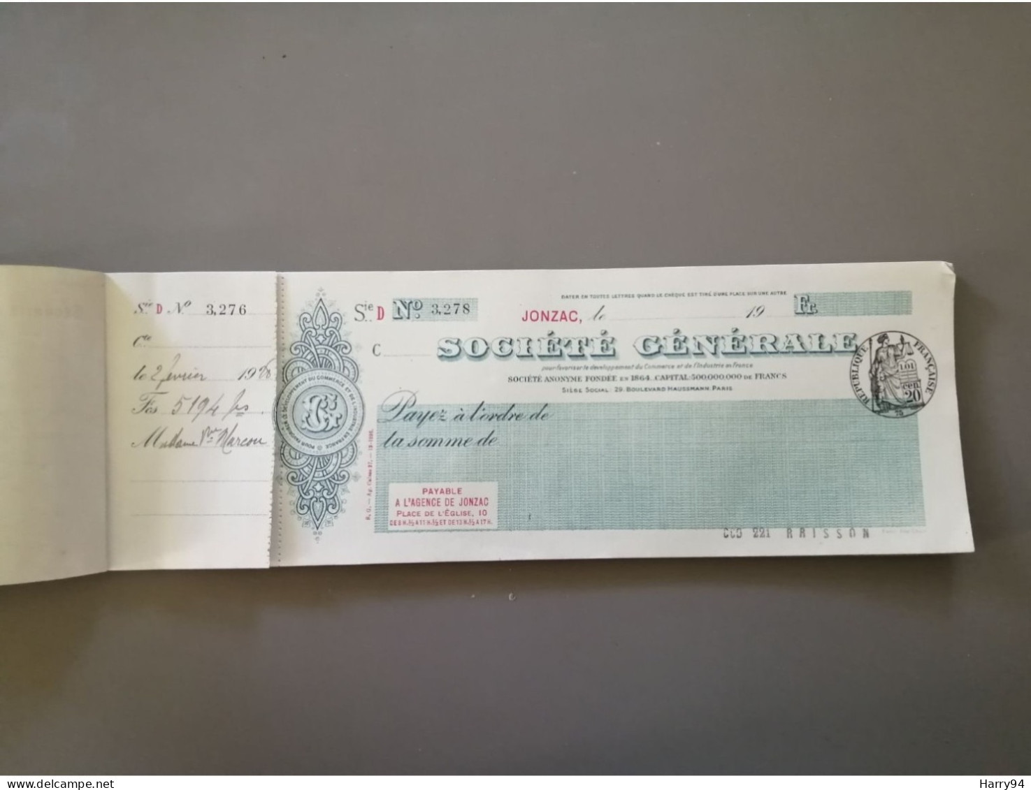 Chéquier Société Générale 1928 - Cheques En Traveller's Cheques