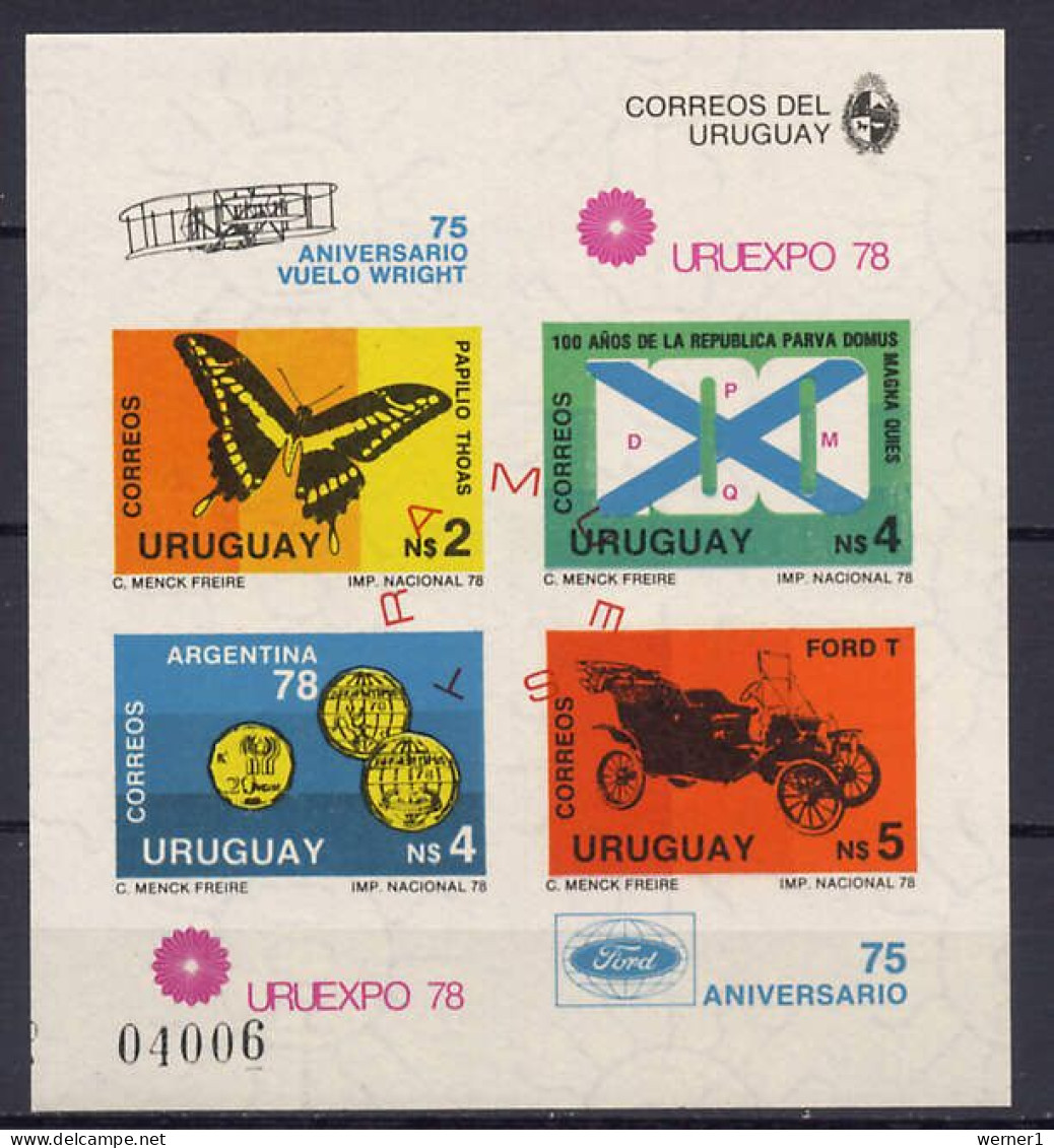 Uruguay 1978 Football Soccer World Cup, URUEXPO 78, Butterflies Etc. S/s Imperf. With "Muestra" Overprint MNH - 1978 – Argentina
