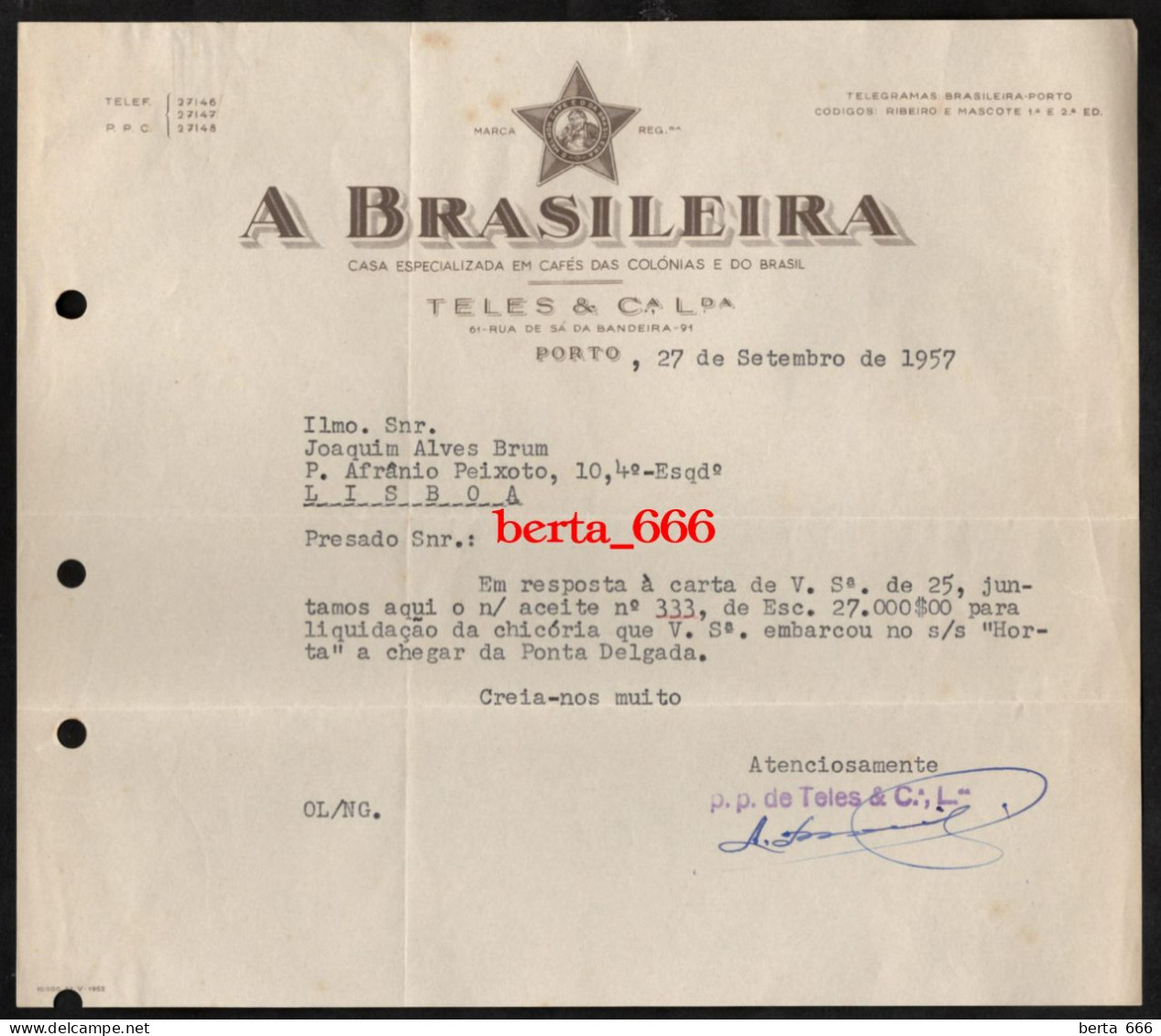 A Brasileira * Teles & Cª *  Porto * Carta De 1957 - Portugal