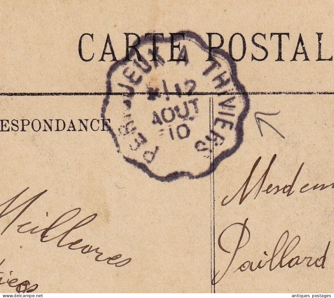 Carte Postale 1910 Cachets Convoyeur De Ligne Ambulant Bordeaux à Angoulême + Périgueux à Thiviers  Pour Trévoux Ain - 1906-38 Sower - Cameo