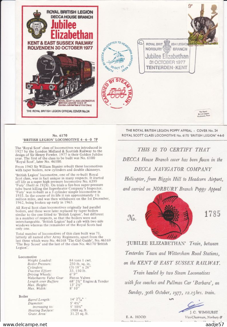 GB Engeland  1977 Royal British Legion Jubilee Elizabethan By Helicopter And By Steam 31-10-1977 - Trains