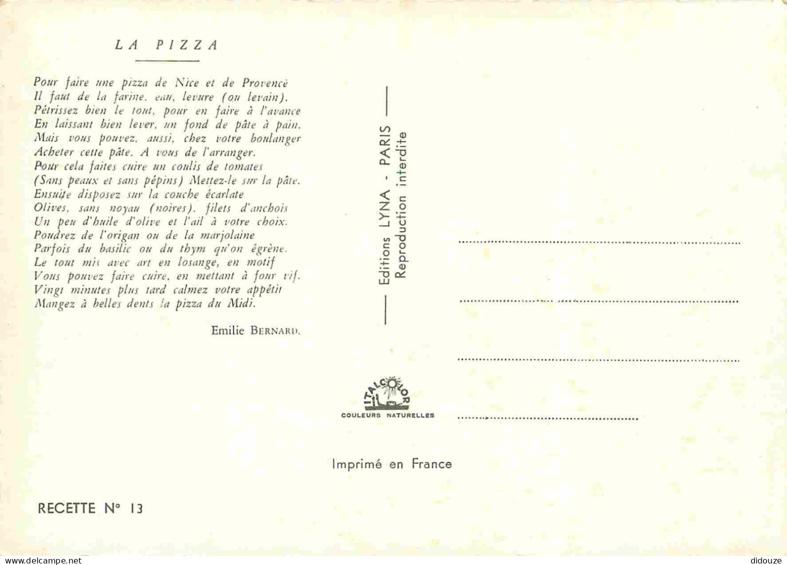 Recettes De Cuisine - Pizza - Gastronomie - Carte Dentelée - CPM - Carte Neuve - Voir Scans Recto-Verso - Recettes (cuisine)
