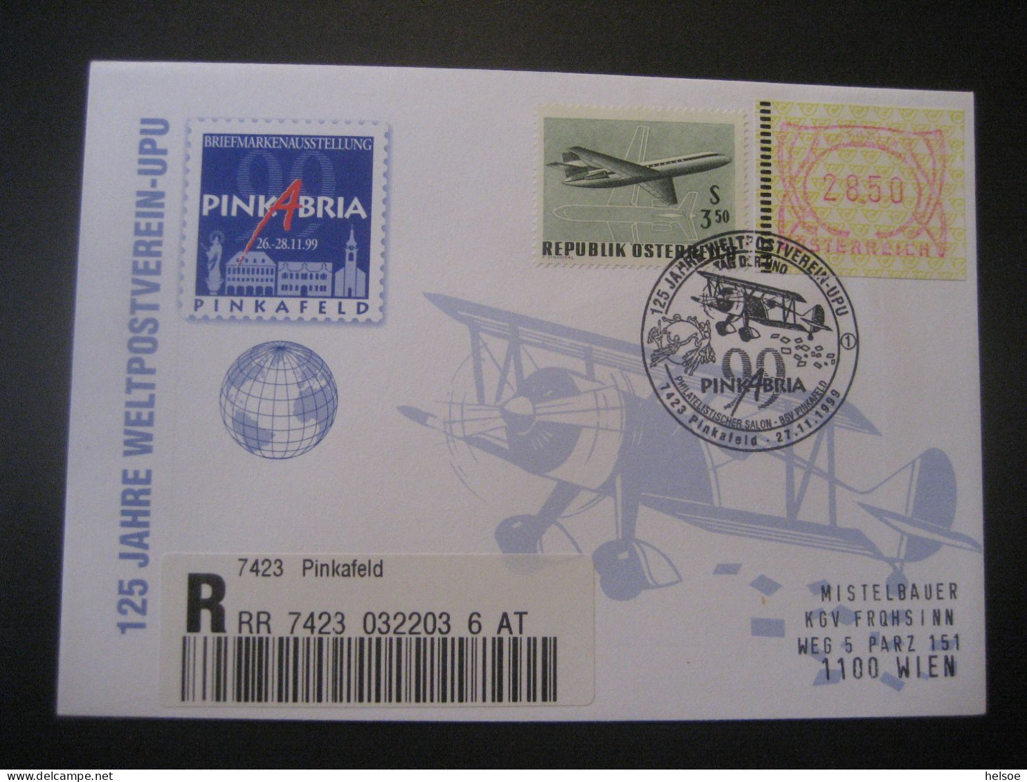 Österreich- Sonder-Beleg 100 Jahre Weltpostverein-UPU, Einschreiben Mit Automatenmarke MiNr. 3 Und 1263 - Timbres De Distributeurs [ATM]