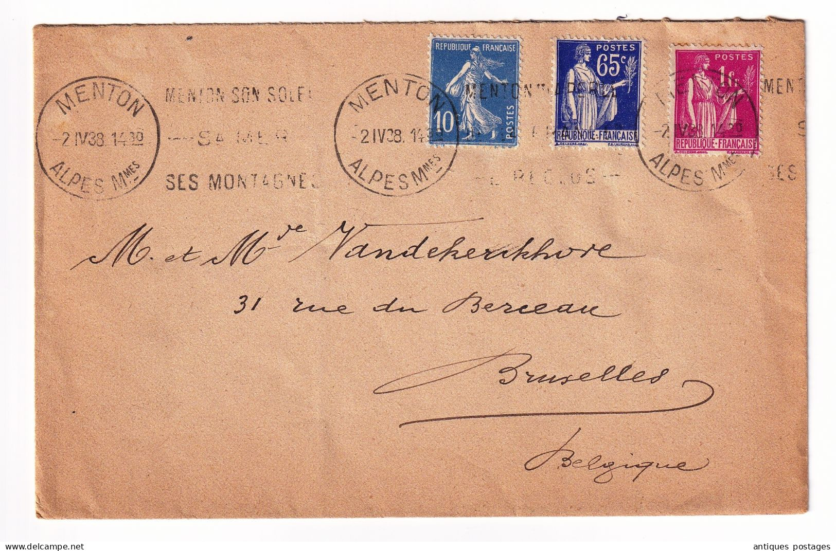 Lettre Menton 1938 Clos De La Madone Alpes Maritimes Bruxelles Belgique Type Paix + Semeuse - 1932-39 Frieden