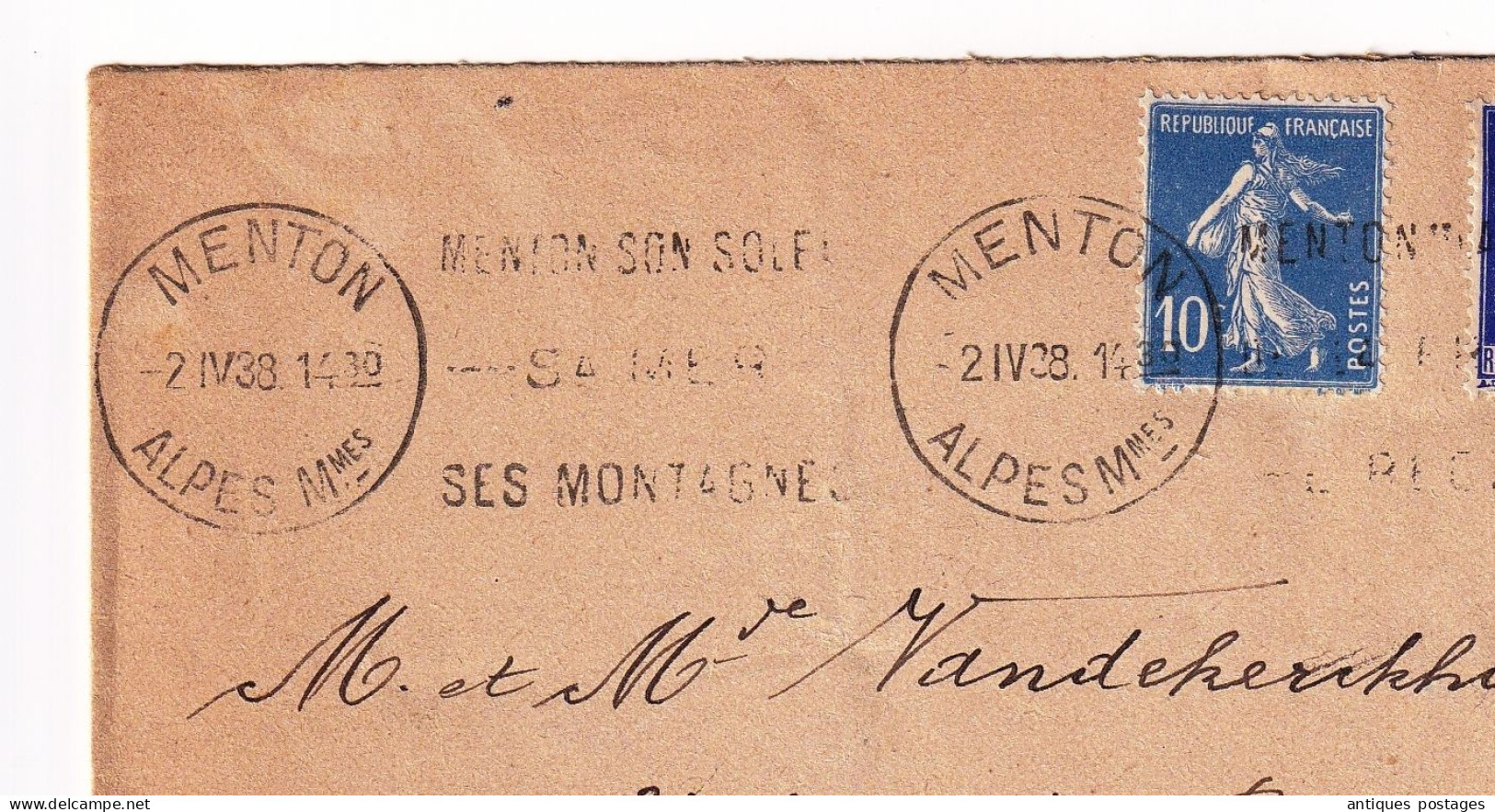 Lettre Menton 1938 Clos De La Madone Alpes Maritimes Bruxelles Belgique Type Paix + Semeuse - 1932-39 Paix
