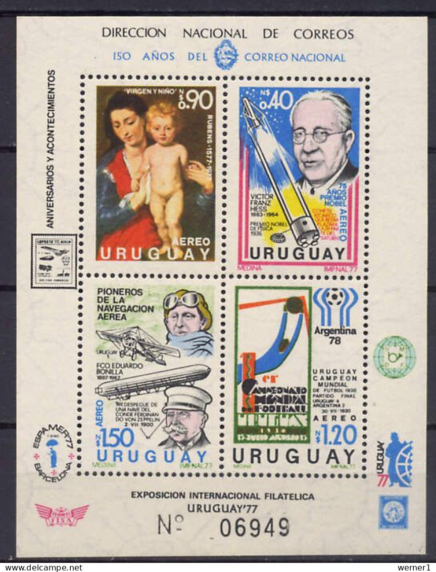 Uruguay 1977 Football Soccer World Cup, Rubens, Zeppelin, Nobel Prize S/s MNH -scarce- - 1978 – Argentina