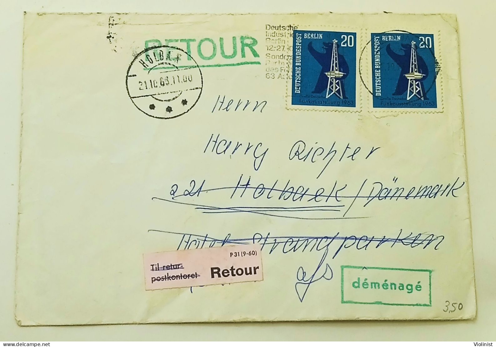 Deutsche Bundespost Berlin-sent To Holbæk,Denmark-damaged-returned 1963. - Sobres - Usados