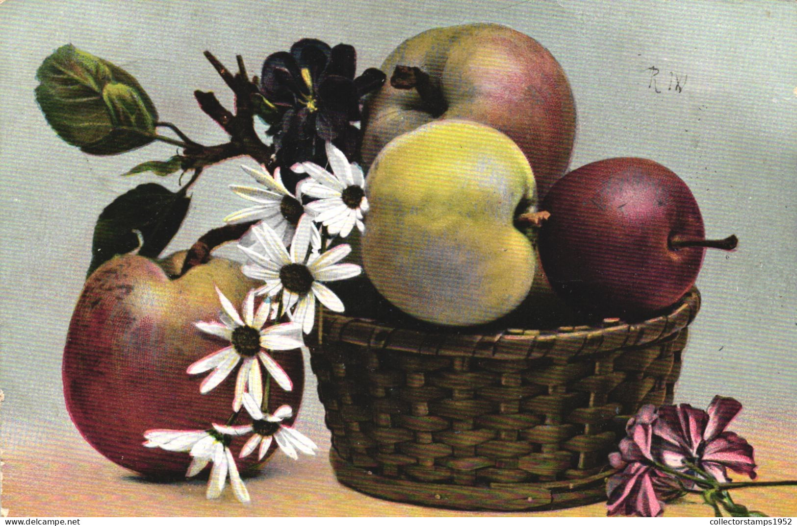 PAINTING, FINE ARTS, APPLES AND FLOWERS IN BASKET, SWITZERLAND, POSTCARD - Paintings