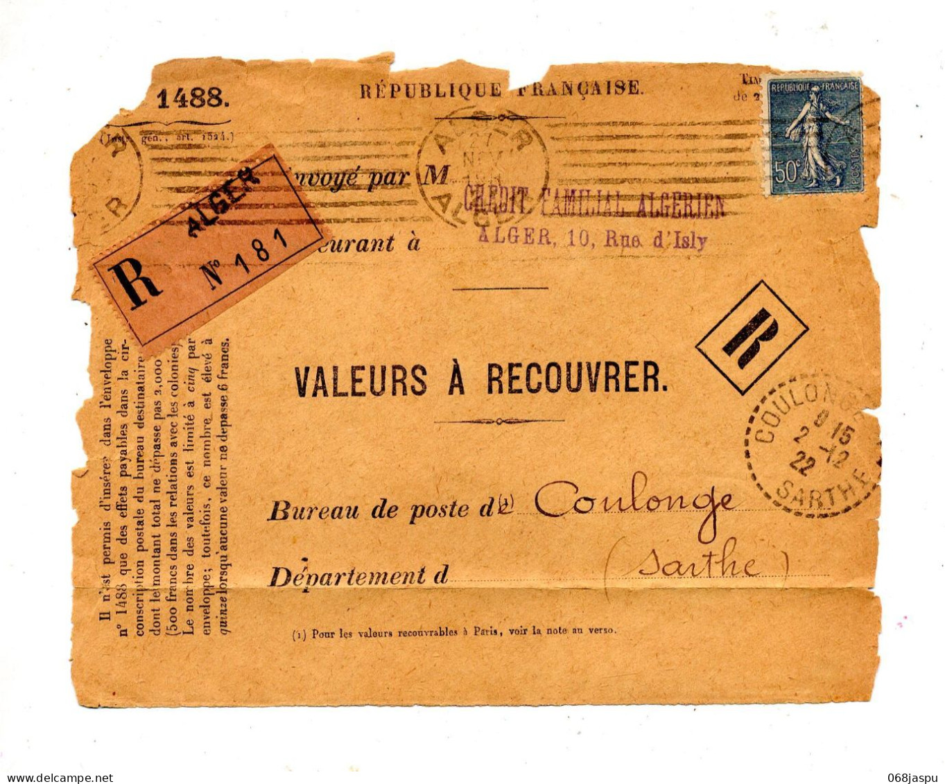 Devant De Lettre Recommandée Alger Flamme Muette  Sur Semeuse + Coullonges - Manual Postmarks
