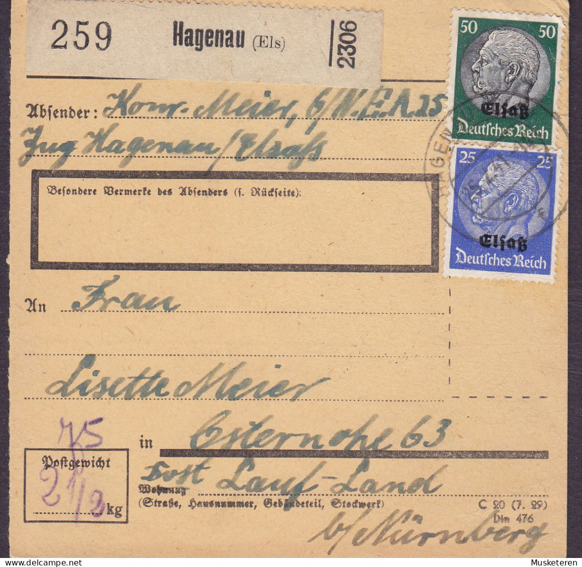Deutsches Reich Paketkarte Bulletin D'Expedition Freight Card HAGENAU (Elssas) 1941 LAUF PEGNITZ 2x Hindenburg (2 Scans) - Besetzungen 1938-45