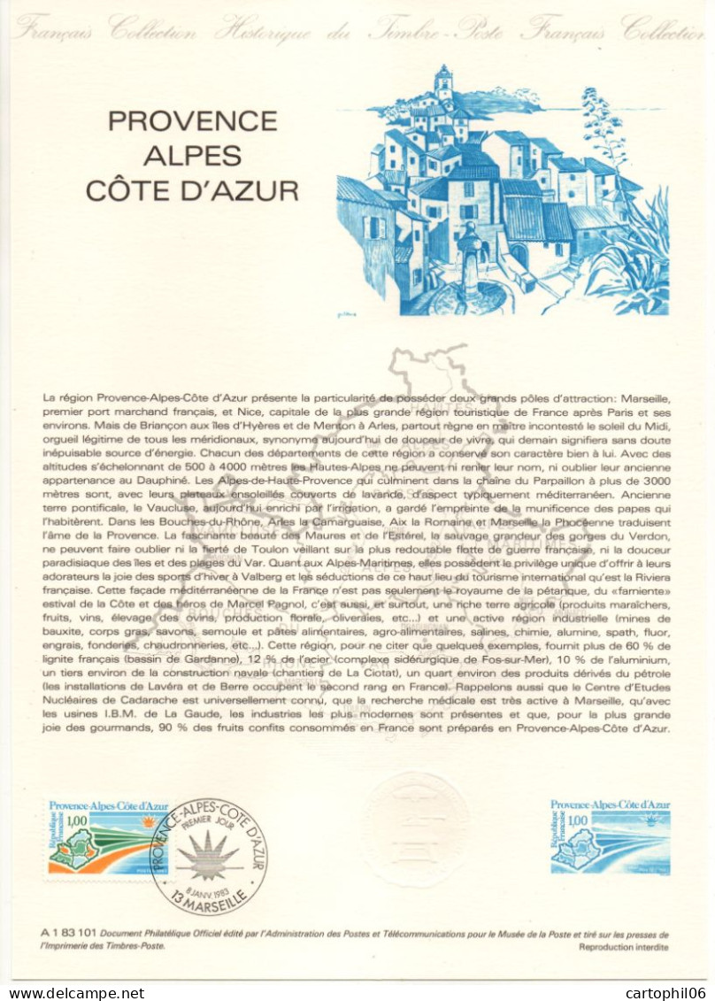 - Document Premier Jour LA RÉGION PROVENCE ALPES CÔTE D'AZUR - MARSEILLE 8.1.1983 - - Documents Of Postal Services