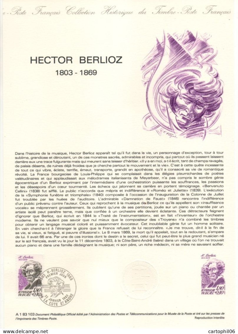 - Document Premier Jour HECTOR BERLIOZ (1803-1869) - LA COTE ST-ANDRÉ 22.1.1983 - - Music