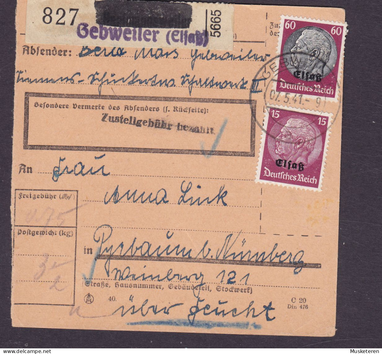 Deutsches Reich Paketkarte Bulletin D'Expedition Freight Card (Erased HERTMANSWEILER) GEBWEILER (Elssas) 1941 Hindenburg - Besetzungen 1938-45