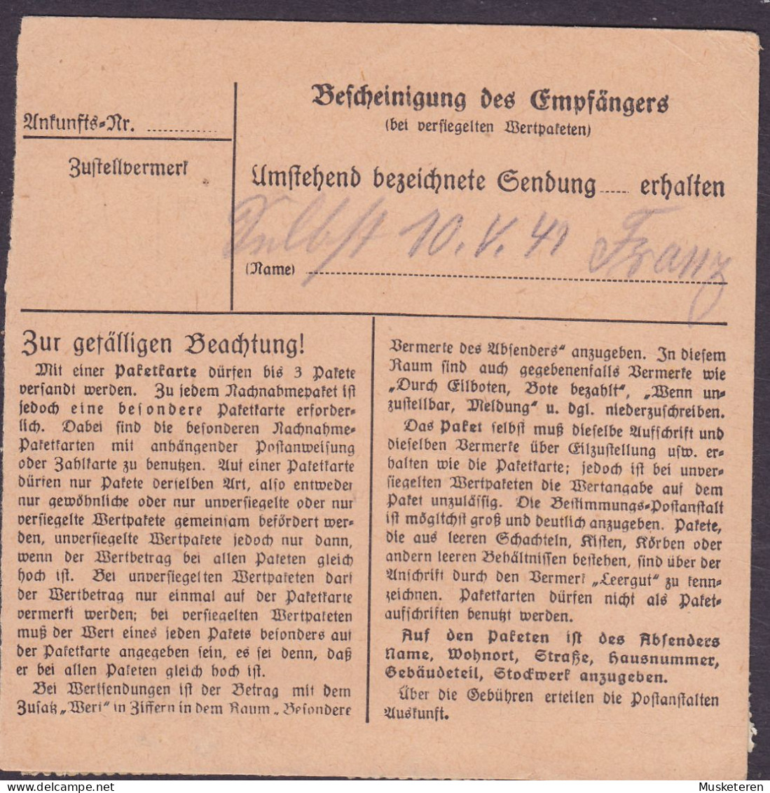 Deutsches Reich Paketkarte Bulletin D'Expedition Freight Card (Erased HERTMANSWEILER) GEBWEILER (Elssas) 1941 Hindenburg - Ocupación 1938 – 45