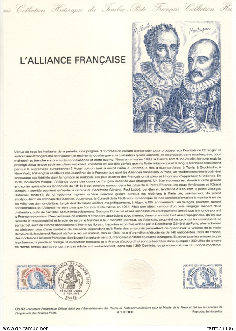 - Document Premier Jour L'ALLIANCE FRANCAISE - PARIS 19.2.1983 - - Documents Of Postal Services