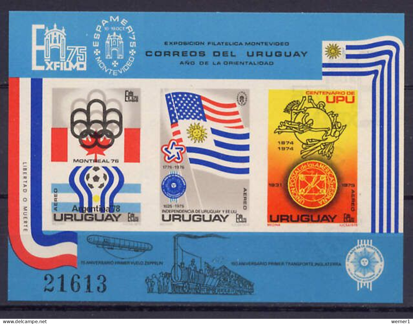 Uruguay 1975 Football Soccer World Cup, Olympic Games Montreal, US Bicentennial, UPU Centenary S/s Imperf. MNH - 1978 – Argentina