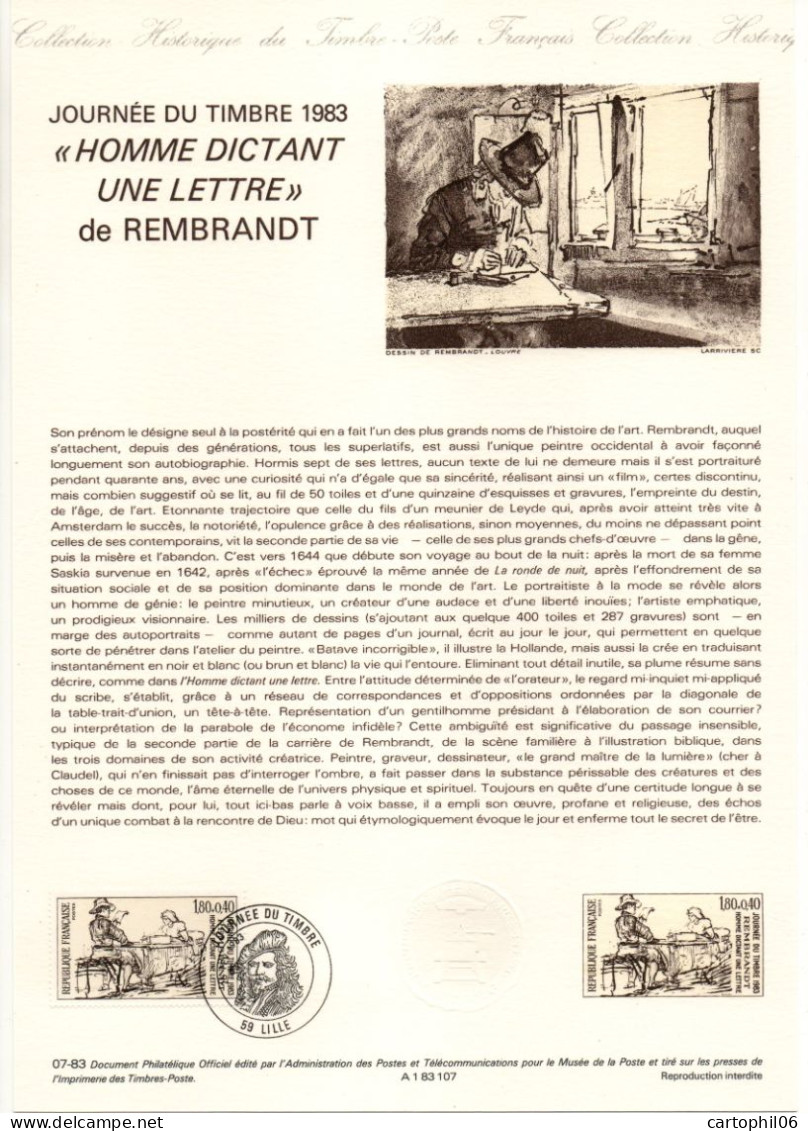 - Document Premier Jour JOURNÉE DU TIMBRE - REMBRANDT : Homme Dictant Une Lettre - LILLE 26.2.1983 - - Dag Van De Postzegel