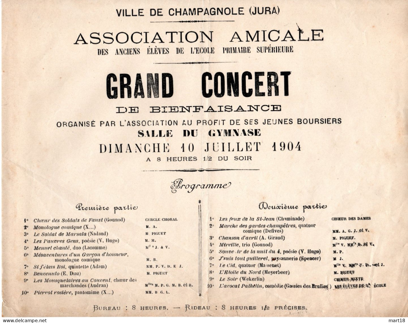 Programme 1904 - CHAMPAGNOLE(39) - Grand Concert De Bienfaisance - Pas Carte Postale - - Champagnole