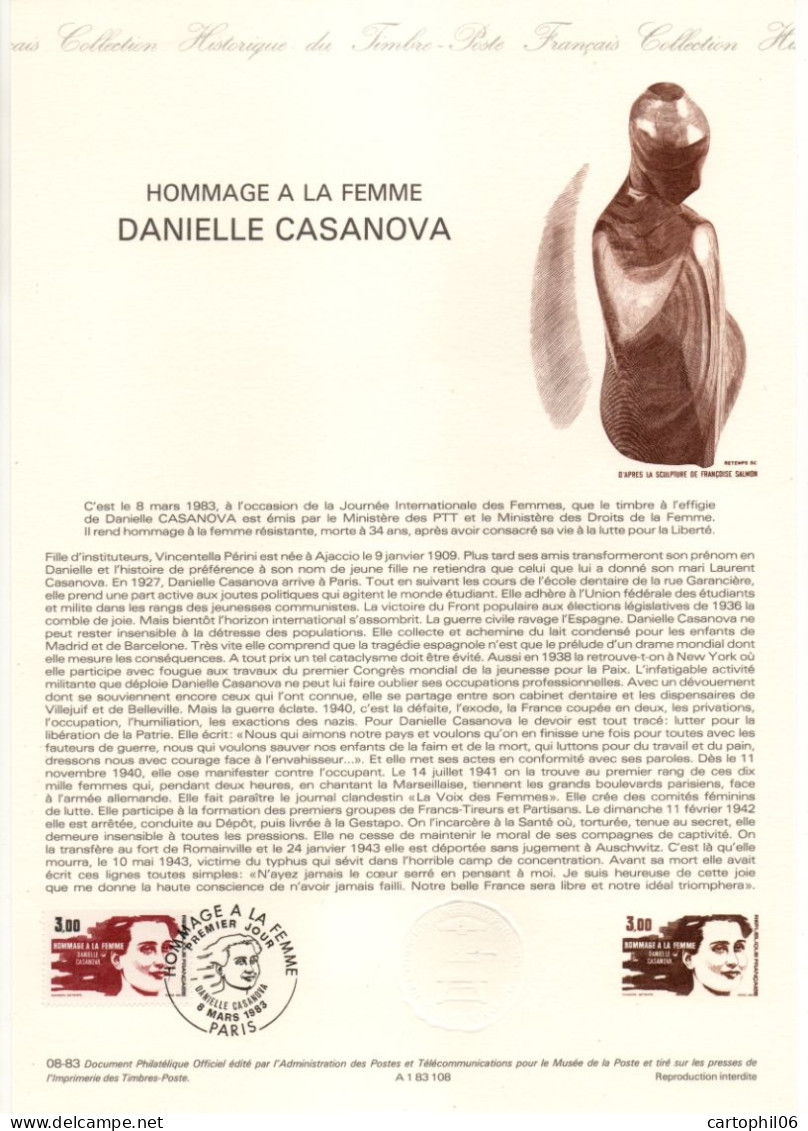 - Document Premier Jour DANIELLE CASANOVA - PARIS 8.3.1983 - - Femmes Célèbres