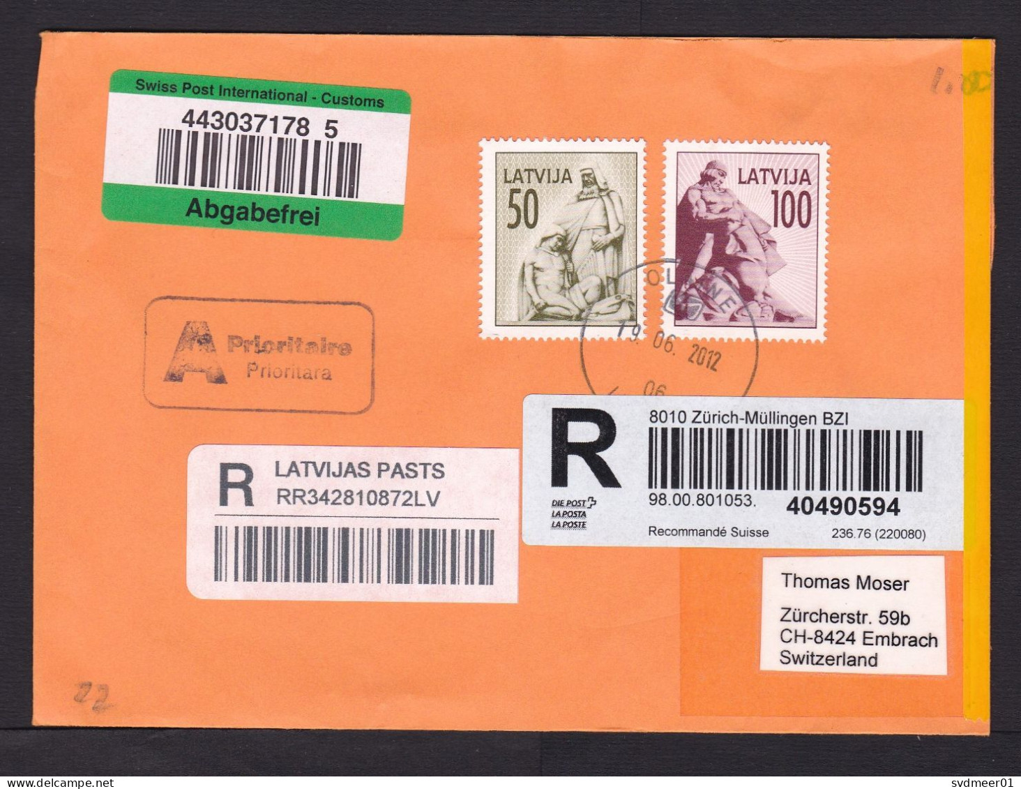 Latvia: Registered Cover To Switzerland, 2012, 2 Stamps, Label & Tape Opened By Customs Control (traces Of Use) - Lettland