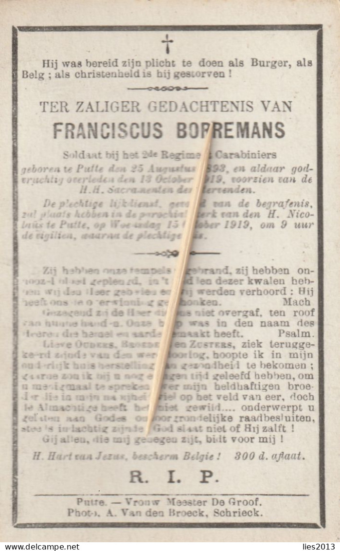 Oorlogsslachtoffer : 1914-18, Putte, Soldaat Franciscus Borremans, - Santini