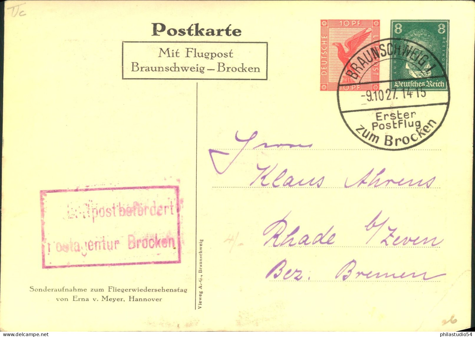 1927, Sonderkarte "Erster Postflug Zum Brocken" - Luft- Und Zeppelinpost