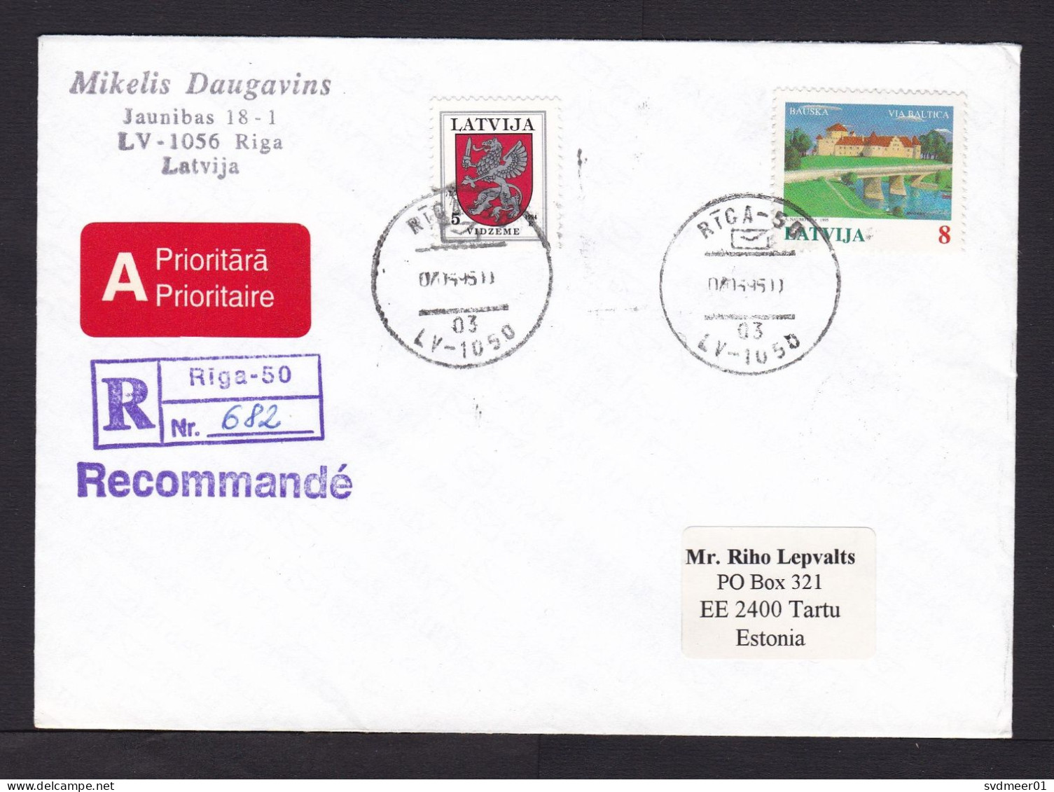 Latvia: Registered Priority Cover To Estonia, 1995, 2 Stamps, Castle, Bridge, Heraldry, Red A-label (traces Of Use) - Latvia