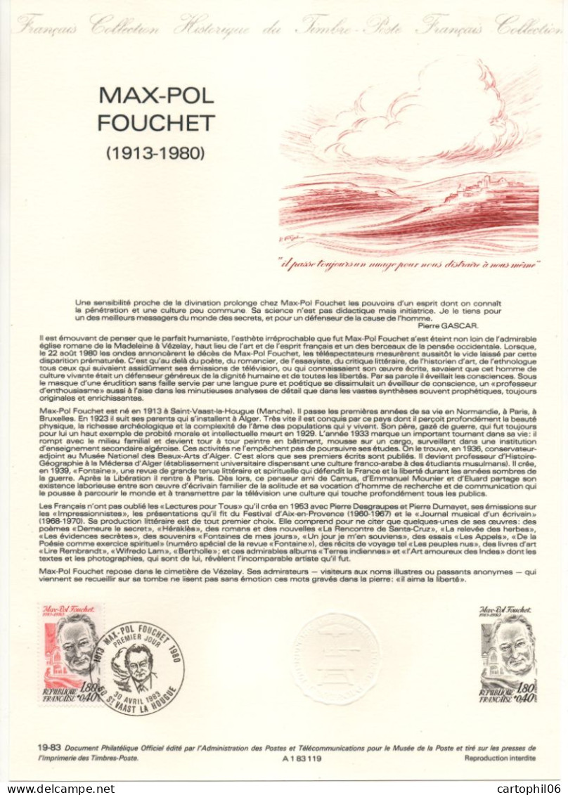 - Document Premier Jour MAX-POL FOUCHET (1913-1980) - ST-VAAST LA HOUGUE 30.4.1983 - - Schriftsteller