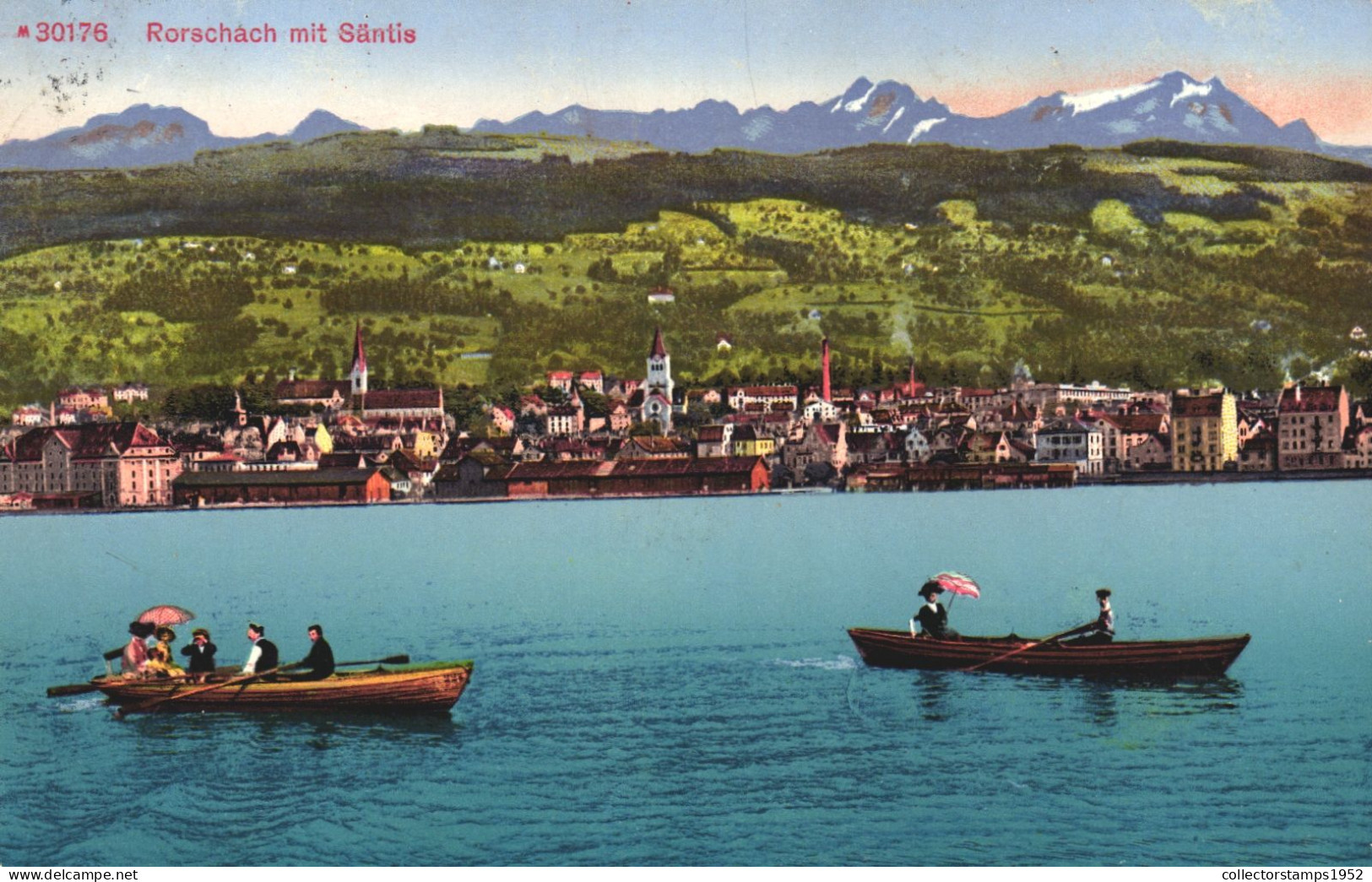 RORSCHACH, ST. GALLEN, SANTIS, ARCHITECTURE, MOUNTAIN, BOATS, UMBRELLA, SWITZERLAND, POSTCARD - Rorschach