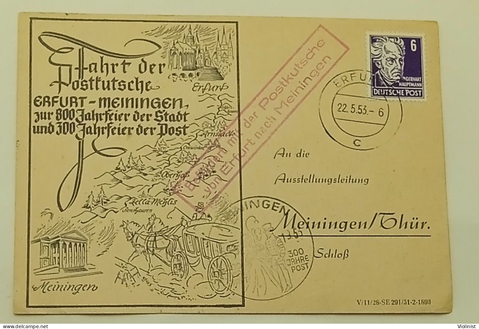 Fahrt Der Postkutsche Erfurt-Meiningen 1953. - Postwaardestukken