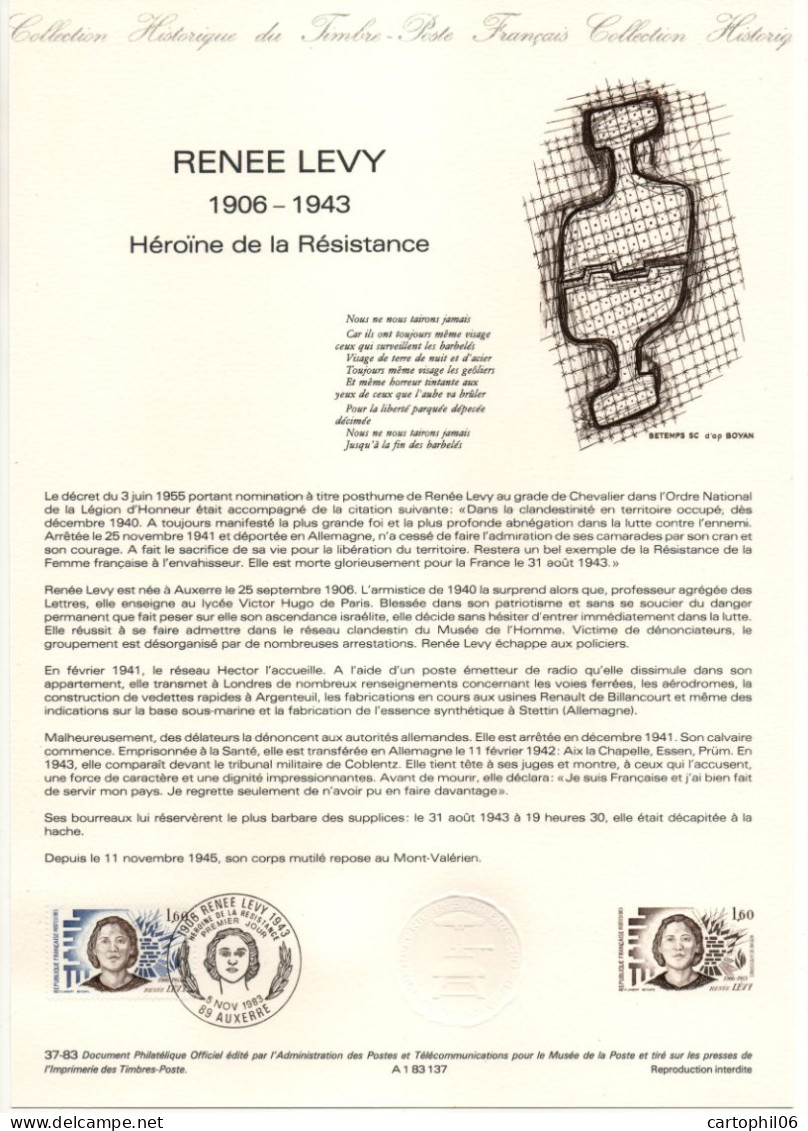 - Document Premier Jour RENÉE LEVY (1906-1943) - Héroïne De La Résistance - AUXERRE 5.11.1983 - - Berühmte Frauen