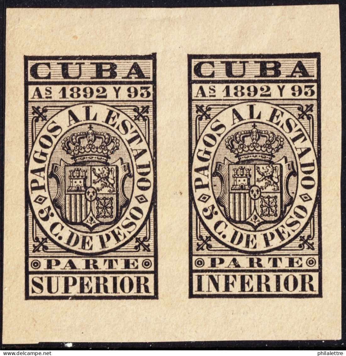 ESPAGNE / ESPANA - COLONIAS (Cuba) 1892/93 "PAGOS AL ESTADO" Fulcher 1113/1124 5c Negro Sello Doble Nuevo* - Cuba (1874-1898)