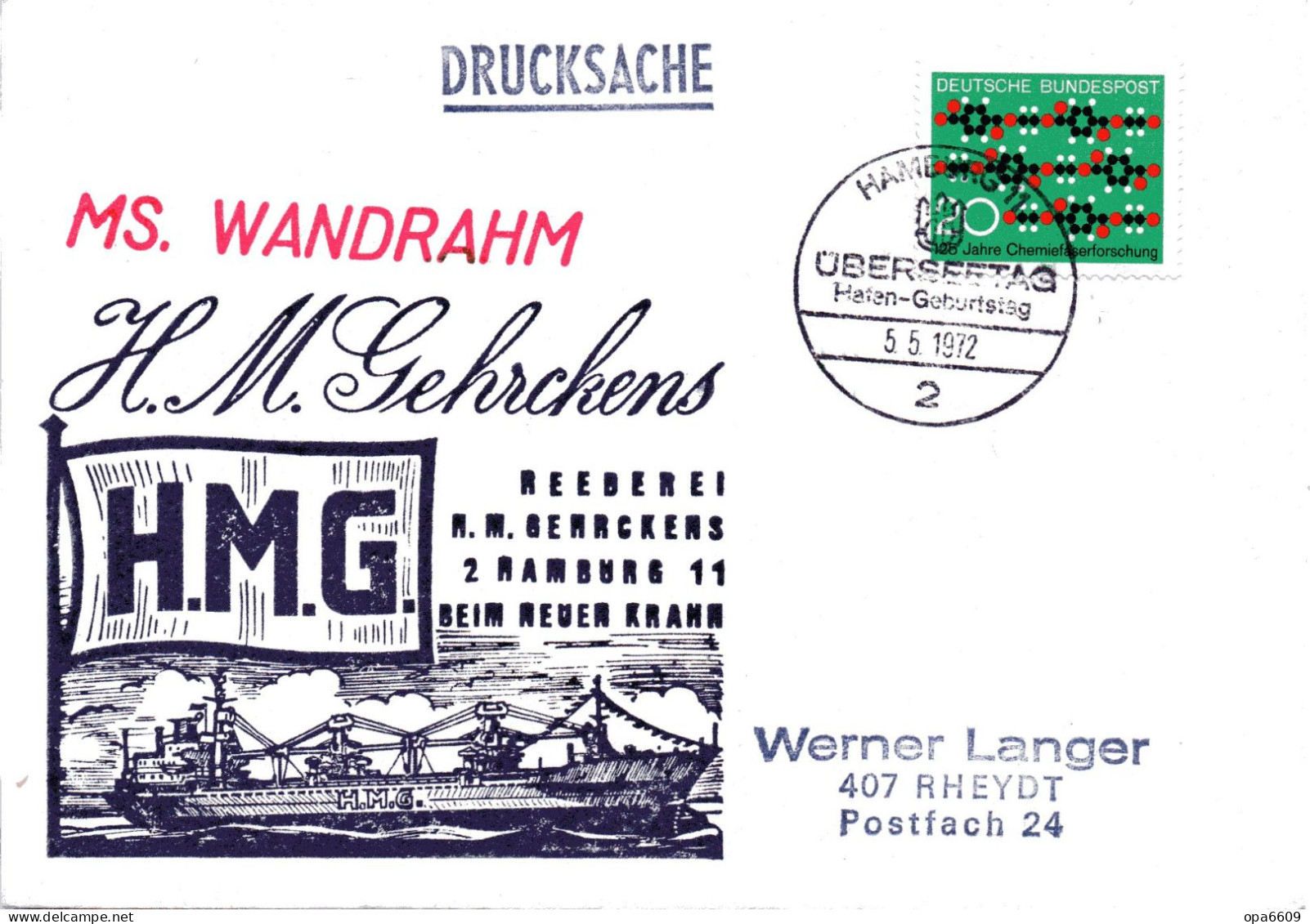 (L 6) Cachetumschlag "REEDEREI H.M.GEHRCKENS - MS. WANDRAHM - EF BRD SST 5.5.72 HAMBURG - Maritime