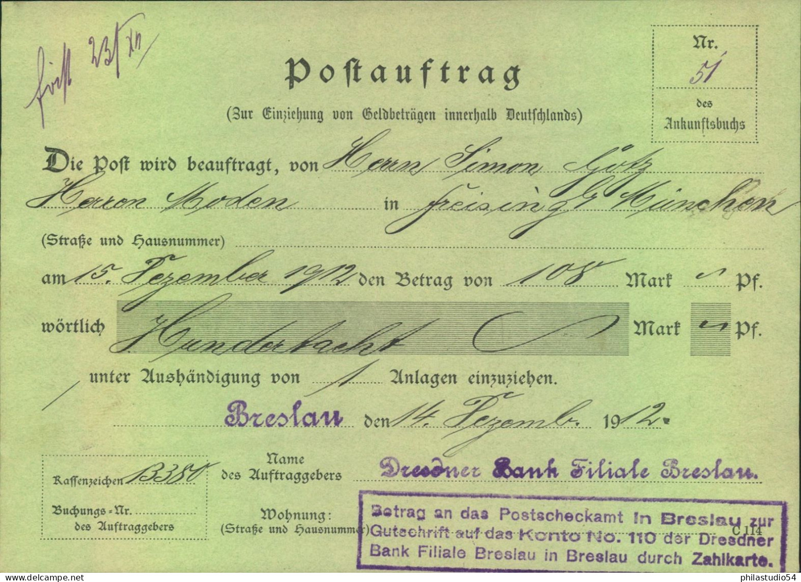 1919, 30 Pf. Germania Als EF Auf Postauftrag Mit Entsrechendem Formular - Covers & Documents