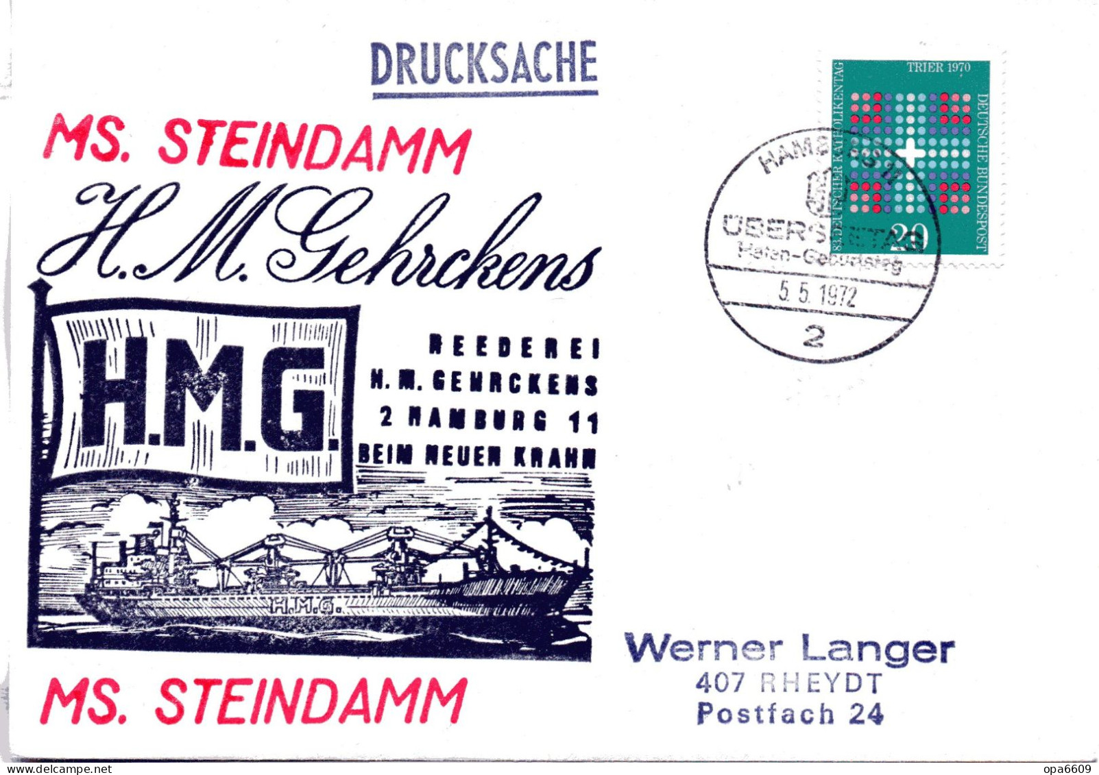 (L 6) Cachetumschlag "REEDEREI H.M.GEHRCKENS - MS. STEINDAMM - EF BRD SST 5.5.72 HAMBURG - Maritiem