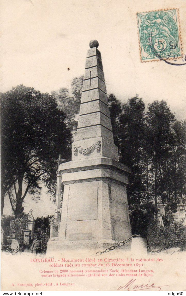 Longeau - Monument élevé Au Cimetière à La Mémoire Des Soldats Tués Au Combat Du 16 Décembre 1870 - Le Vallinot Longeau Percey