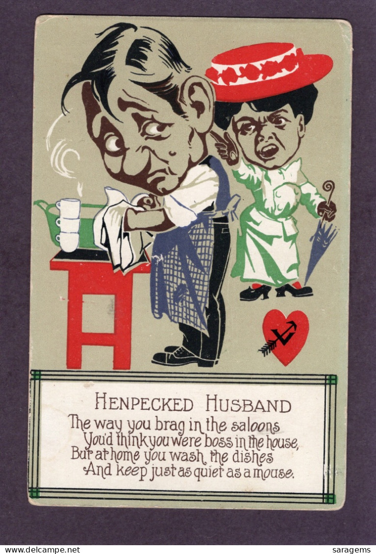 "Henpecked Husband" Valentines Comics 1907 - Antique Fantasy Postcard - Contes, Fables & Légendes