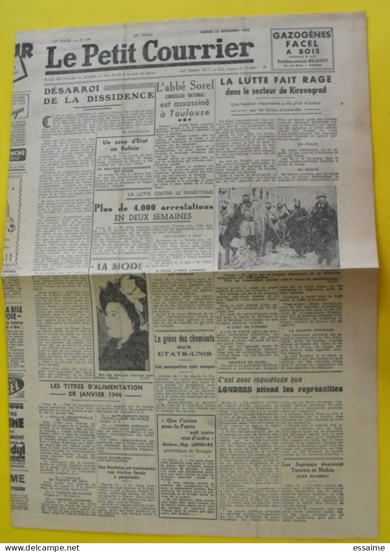 Journal Le Petit Courrier N° 298 Du 21 Décembre 1943. Angers. Abbé Sorel Pétain  Japon Tarawa Darlan Collaboration - Guerra 1939-45