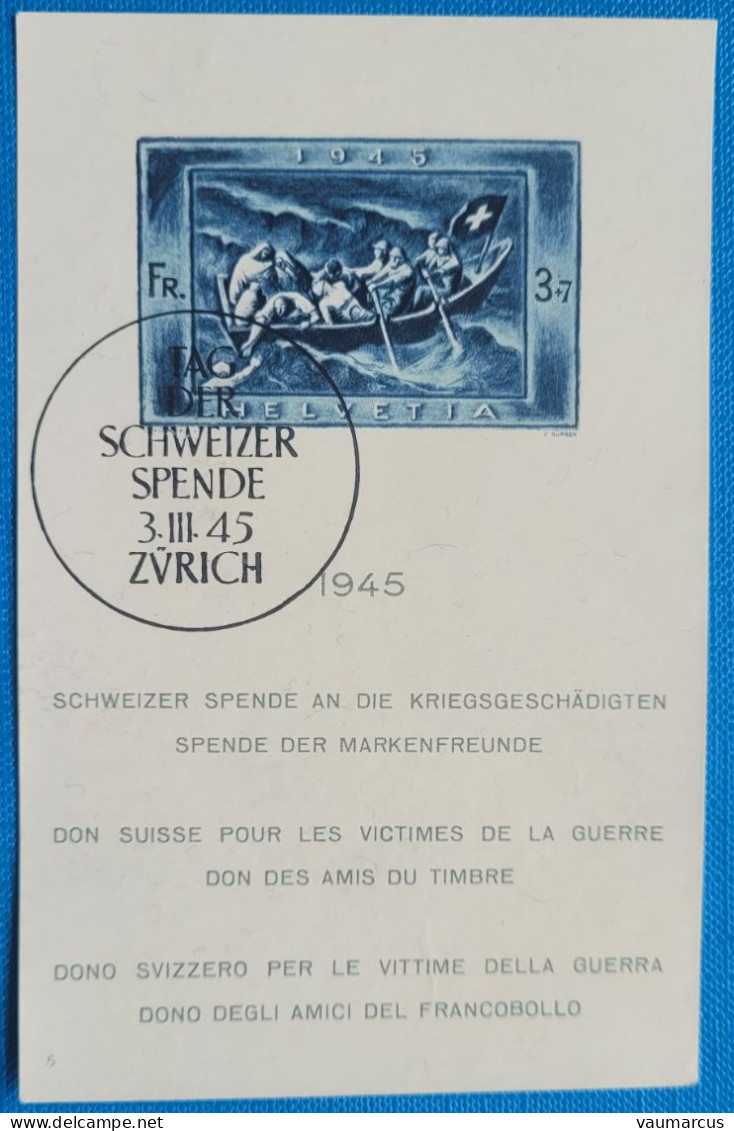 1945 Zu W 21I / Mi Bl 11 / YT BF 11 Obl. ZÜRICH 3.3.45 SBK 450 CHF Voir Description - Blocchi & Foglietti