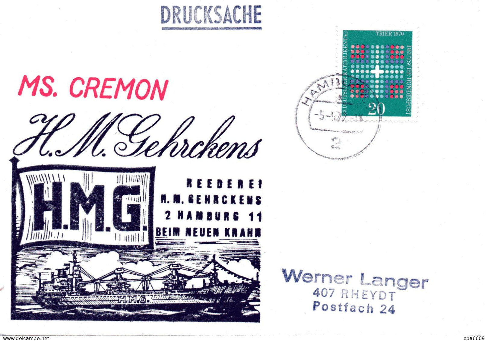 (L 6) Cachetumschlag "REEDEREI H.M.GEHRCKENS - MS. CREMON - EF BRD TST 5.5.72 HAMBURG - Marítimo