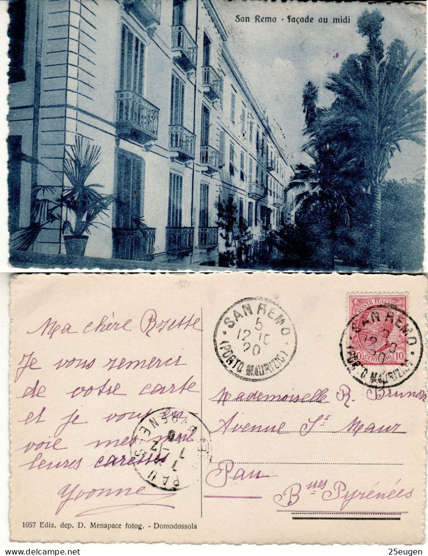 ITALY 1920 POSTCARD SENT FROM SAN REMO TO PAU - Marcofilie